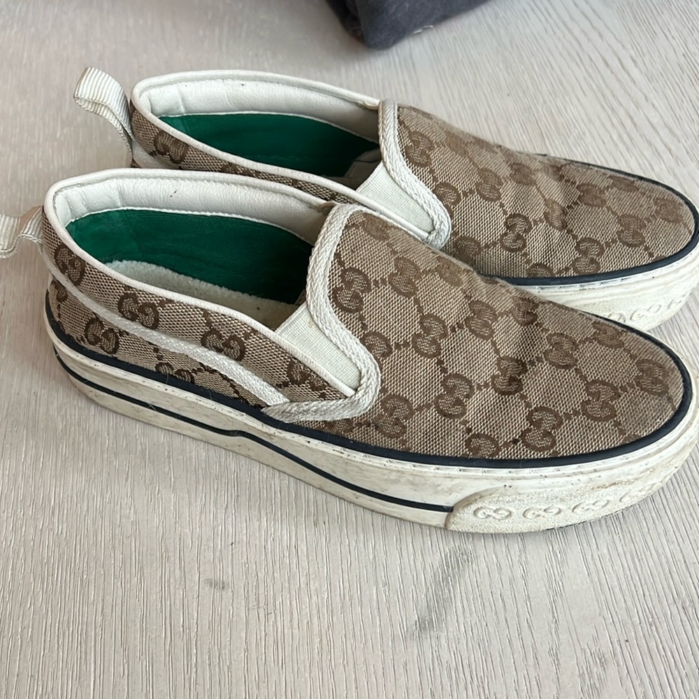 Gucci Monogram Womens 1977 Tennis Slip Beige Ebony Mystic White size 35